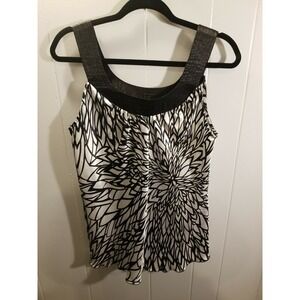 AB Studio Women's‎ L Satin  Black/White  Geometric Print Sleeveless Blouse Retro